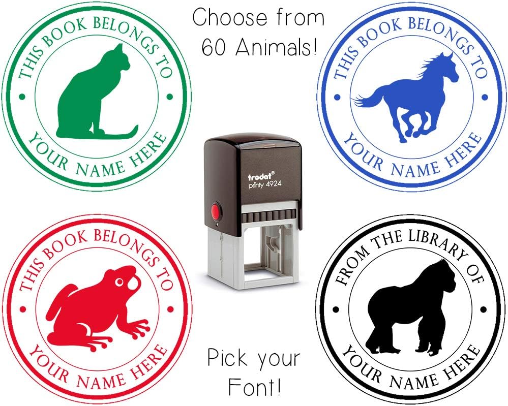 CHOOSE FROM 60 ANIMAL DESIGNS! - This Book Belongs To From the Library of Personalized Self Inking Stamp Custom Teacher Student Children Gift Book Naming Customized Name Rubber Stamper Classroom Wood