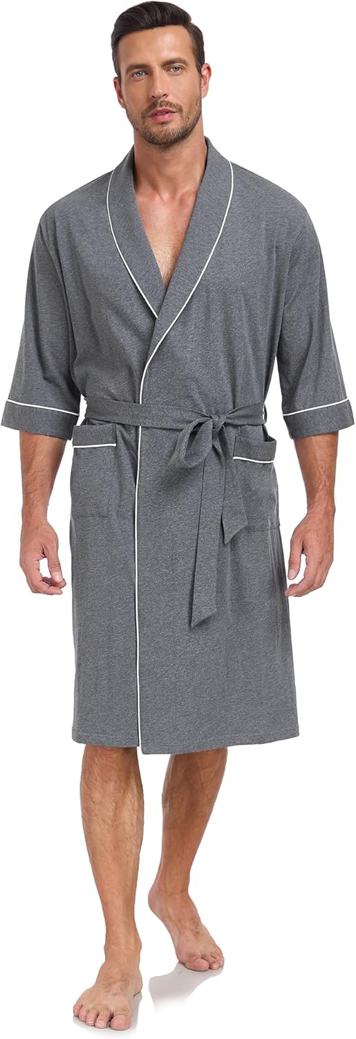 COLORFULLEAF 100% Cotton Men's Bathrobes for Summer Comfort Lightweight Breathable Short Sleeve Kimono Robe with pockets - Image 3