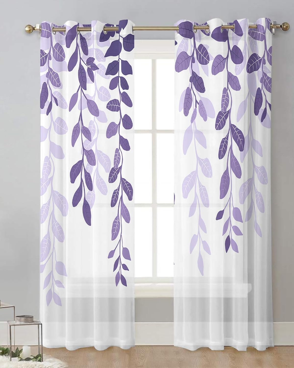 Purple Leaves Sheer Curtains 84 Inch Length 2 Panels Set, Grommet Kitchen Curtains Sheer Window Curtain for Living Room Bedroom Light & Airy Privacy Drapes Fall Botanical Plant Geometric Texture