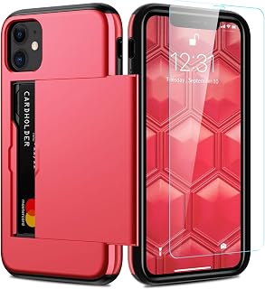 Nvollnoe for iPhone 11 Case with Card Holder and Screen Protector Heavy Duty Protective Dual Layer Shockproof Built-in Card Slot Wallet Case for iPhone 11 for Men&Women(Red)