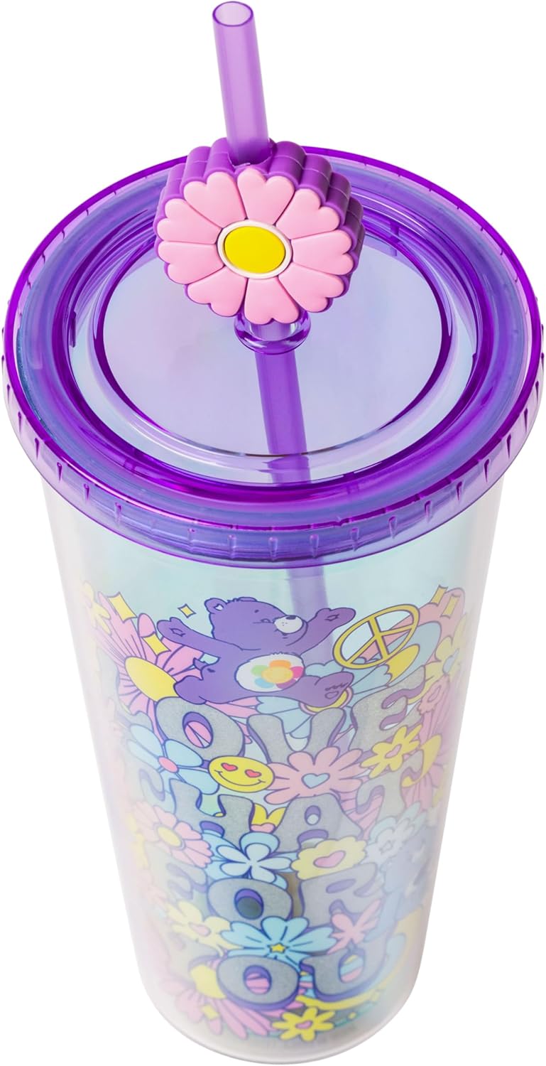 Silver Buffalo Care Bears Groovy “Love That For You” Featuring Grumpy Bear and Harmony Bear Glitter Plastic Cold Cup with Lid and Straw Topper, 24 Ounces - Image 4