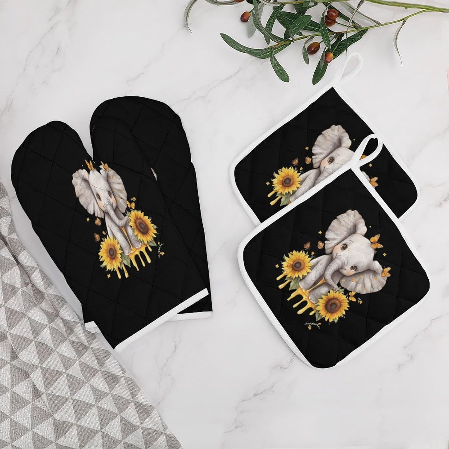 Elephant Sunflowers and Butterfly Oven Mitts and Pot Holders 4Pcs Set Heat Resistant Cooking Mitts Hot Pads