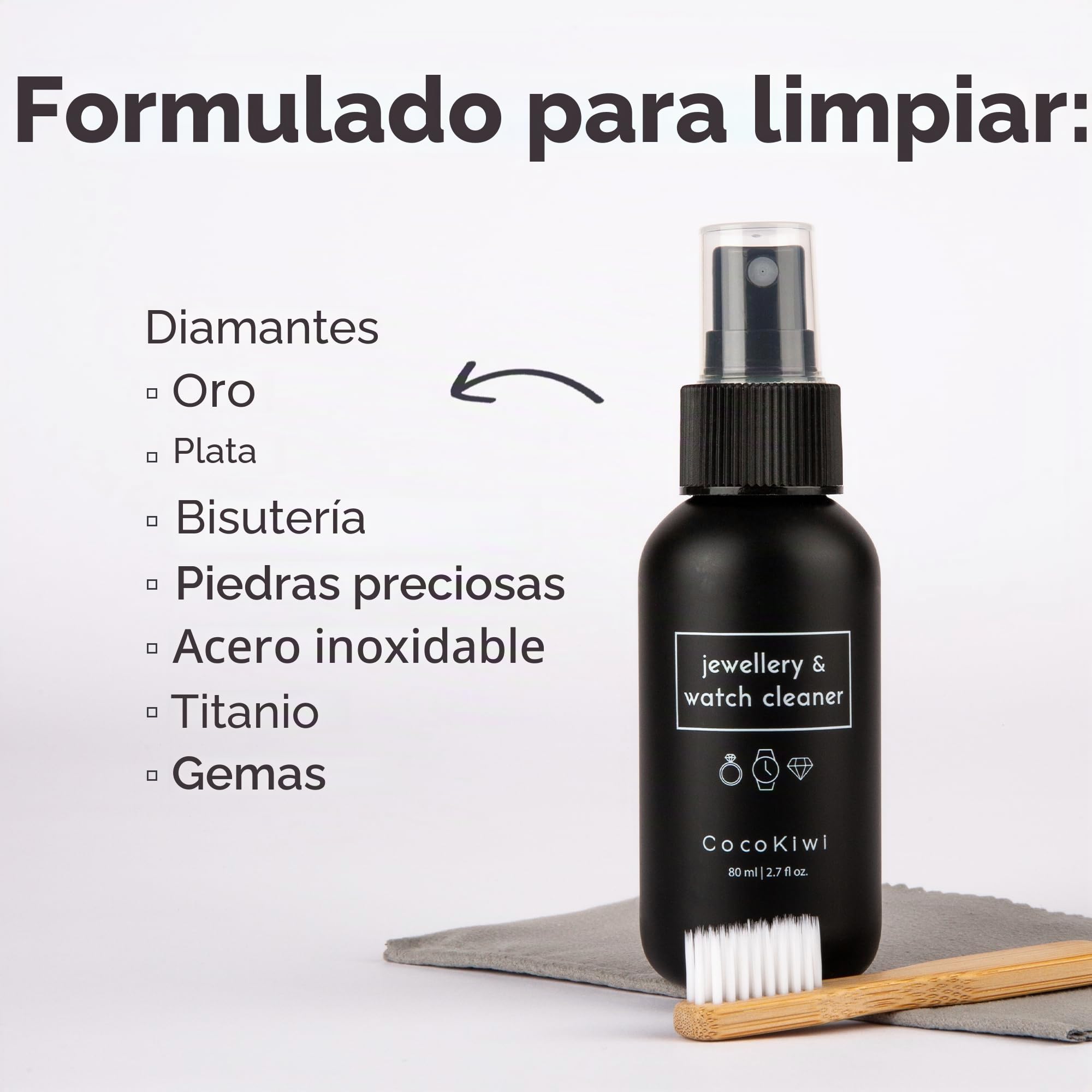 Solución limpiadora de joyas, kit de limpieza de relojes, oro y plata, limpiador de collares, pendientes y anillos, 80 ml, restaura el brillo con el paño y el cepillo incluidos
