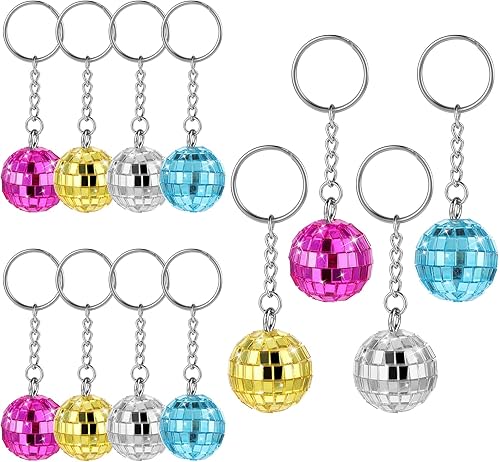 Miniatura 10 de Llavero de bola de discoteca, 12 piezas de bola de discoteca, llavero de fiesta de los años 70, llavero de bola de espejo plateado, suministros