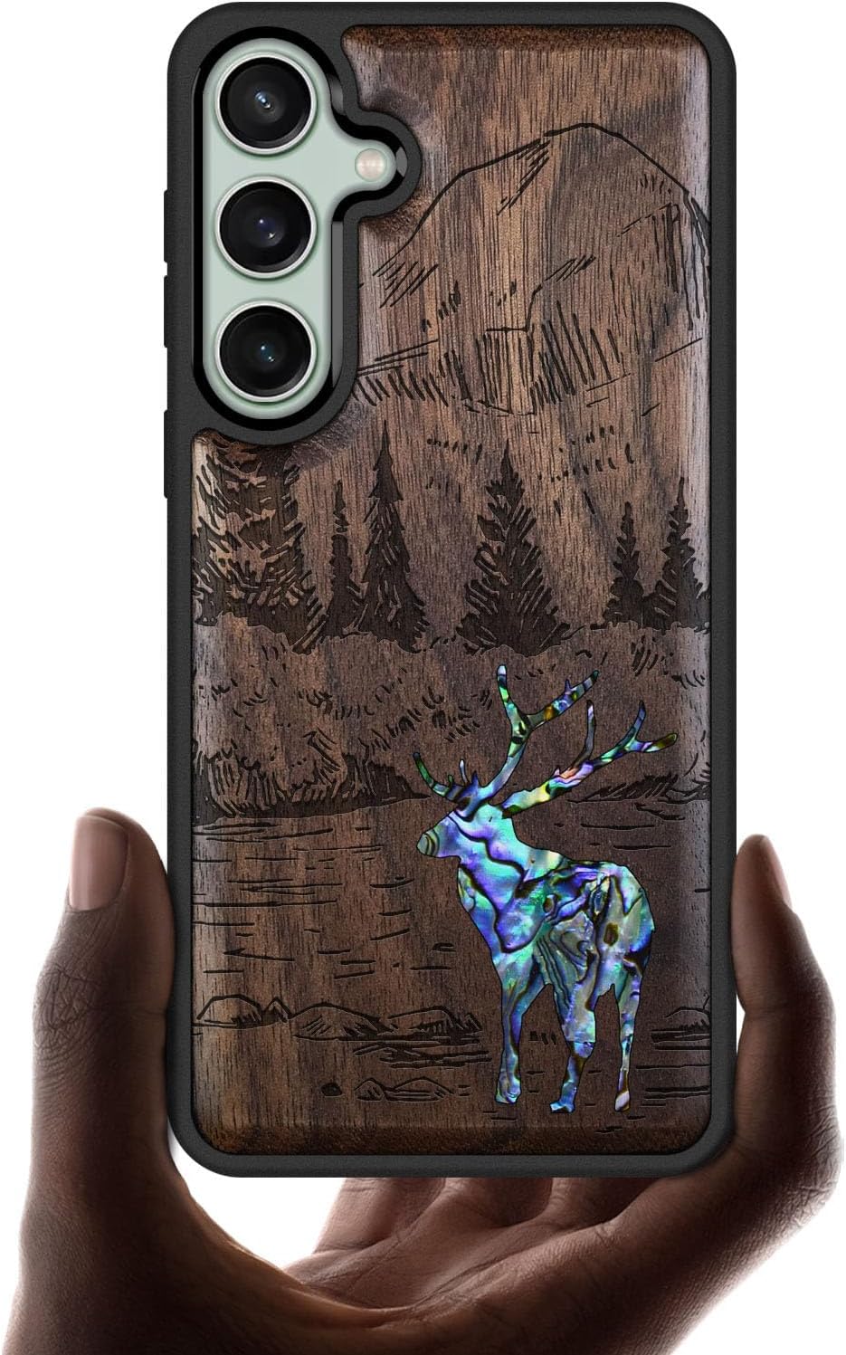 Carveit Designer Wooden Case for Samsung Galaxy S23 FE Cover [Wood Engraving & Shell Inlay] Compatible with Wireless Chargers S23 FE Case (Forest Deer-Walnut)