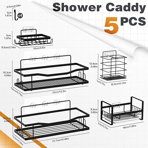 Miniatura 8 de Organizador de ducha, paquete de 5, estantes de ducha de baño, impermeable, resistente al óxido, estante de ducha para ducha interior, sin