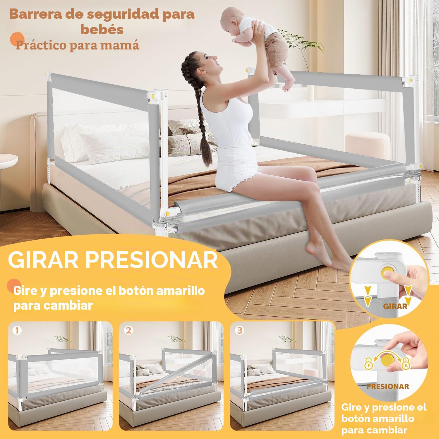 Ikodm Barrera de cama 150 cm x 1 + 200 cm x 1, barrera de cama plegable con base en forma de U, barrera de protección para cama infantil, altura regulable 68 – 95 cm para niños y padres