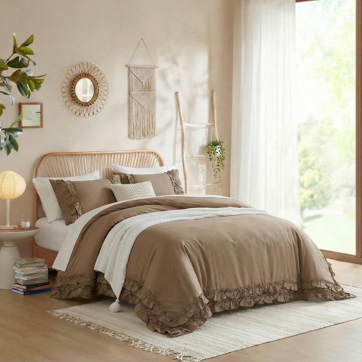 Merryword 100% Cotton Ruffled Comforter Set Queen, Dark Brown Shabby Chic Farmhouse Bedding Set French Country Cute Comforter Set - Image 5