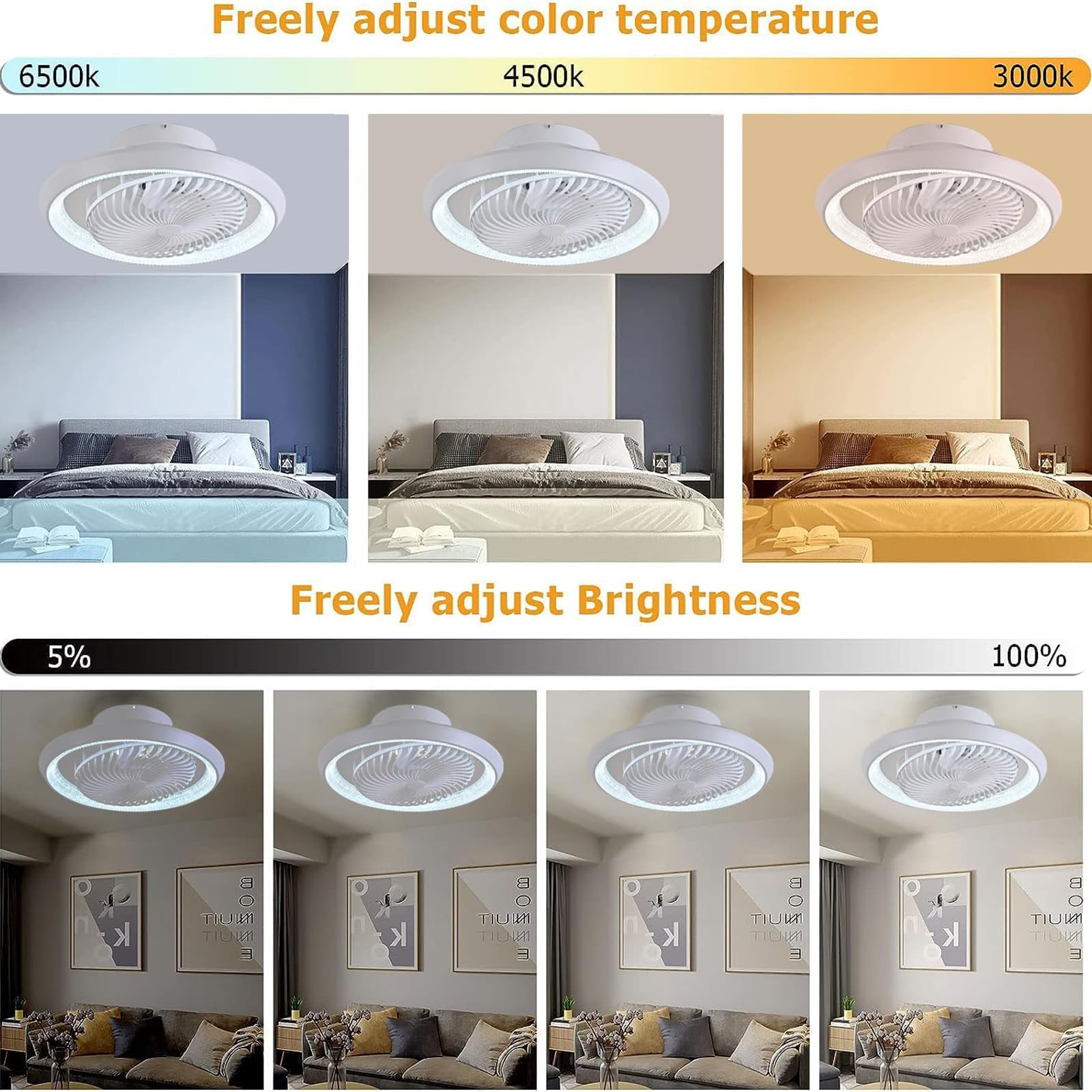 49cm Ventilatore da Soffitto con Luce e Telecomando, Silenzioso Lampadario Ventilatore LED, Rotante a 360°, 6 velocità, 72W Plafoniera con Ventilatore per Camera da Letto Soggiorno, Bianco