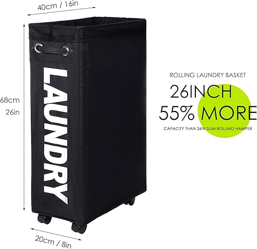 Miniatura 2 de TWIRA Cesta de lavandería delgada de 26 pulgadas, cesta de lavandería con ruedas (4 colores), contenedores de almacenamiento de esquina plegables,
