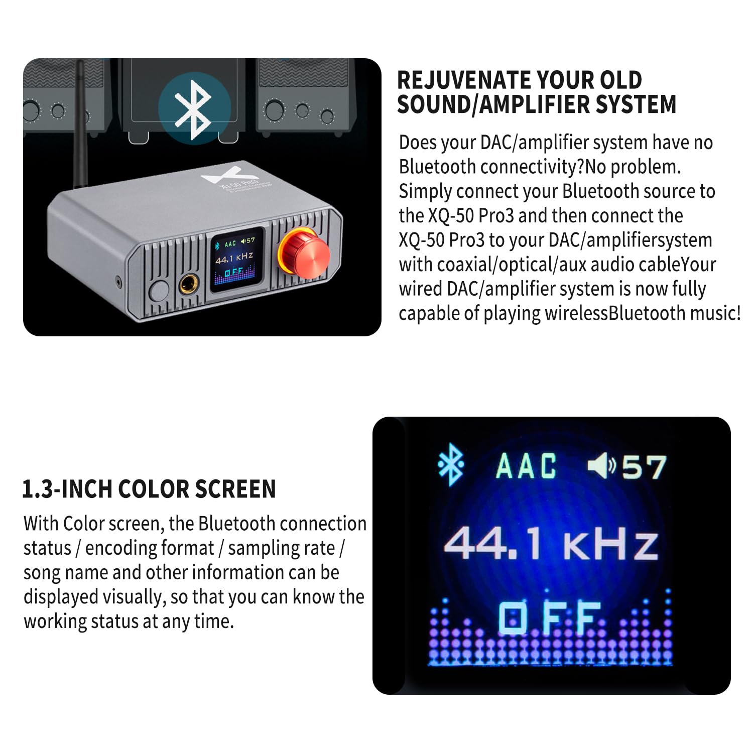 Image showing the xDuoo XQ-50 Pro3 connected via Bluetooth to an older audio system, illustrating its ability to add wireless connectivity.