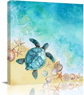 Sea Turtle Canvas Wall Art for Living Room Bedroom Summer Turquoise Ocean Paintings Watercolor Shell Conch Framed Prints Pictures Wall Decor for Home Decorations, Ready to Hang, 12''x12''