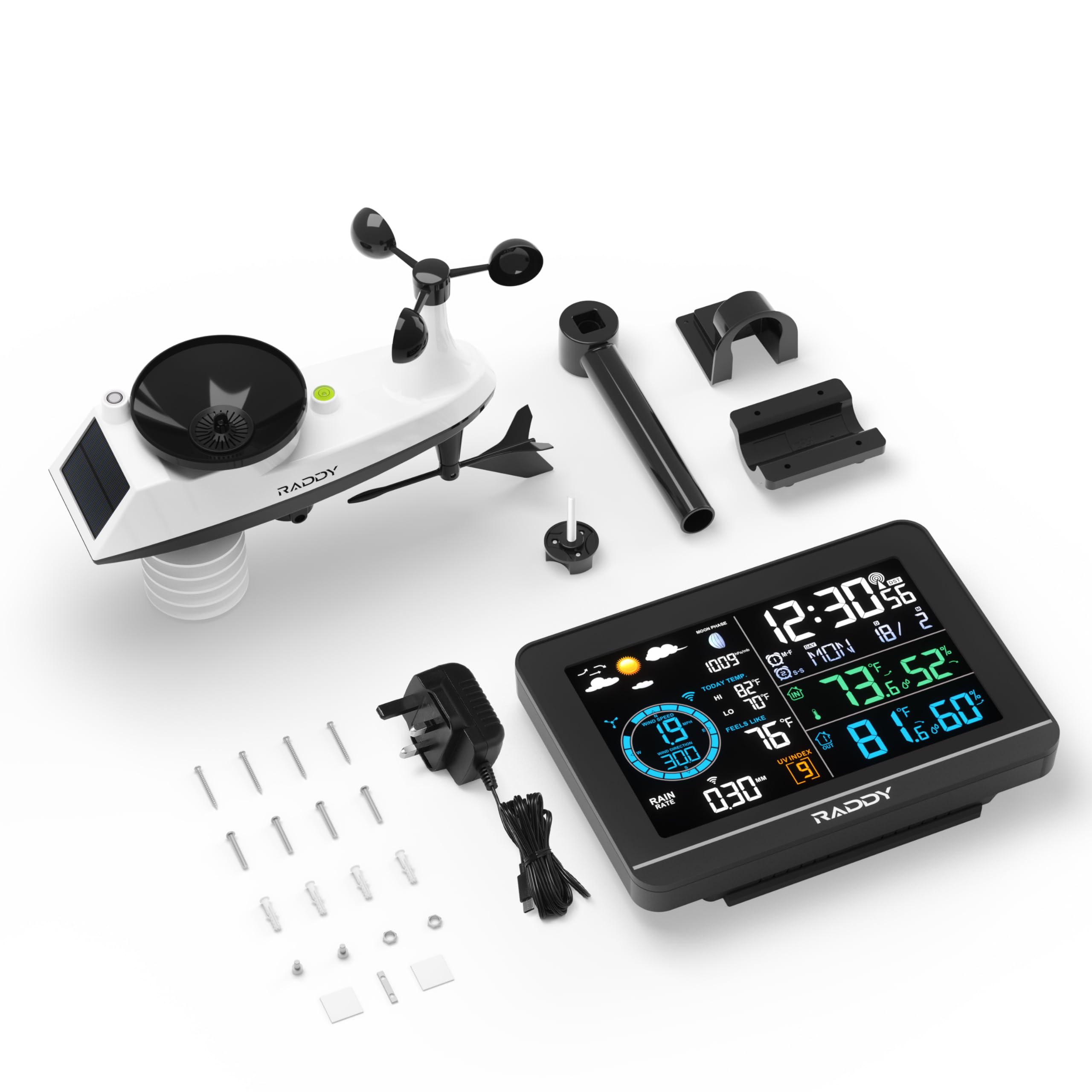Raddy UV-6 Professionelle Wetterstation mit 6 Zoll VA-Display und Außensensor, Kabelloser Innen- Außentemperatur- & Luftfeuchtigkeitsmonitor, Atomuhr, UV- & Lichtindex, Windgeschwindigkeit