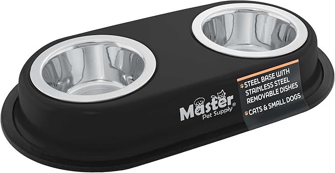 Master Pet Supply Double Dog Bowls Set with Elevated Base and 2 (8 oz) Stainless Steel Removable Dishes (Black Velvet) – Doub