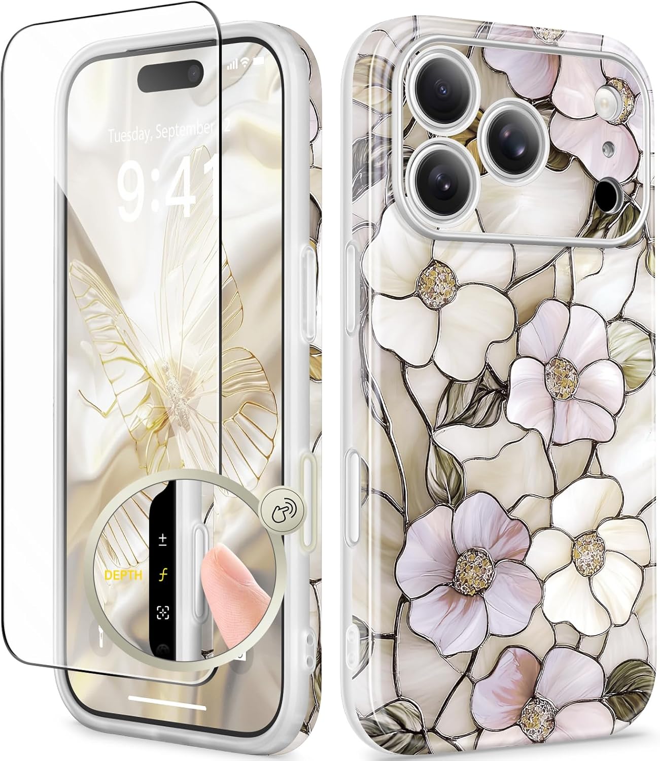GVIEWIN for iPhone 17 Pro Case for Women, Compatible with MagSafe Upgraded Full Camera Protection Screen Protector, Stylish Floral Shockproof Phone Case for iPhone 17 Pro 6.3",Flowerlet/White
