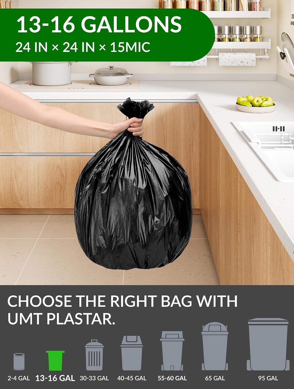 400 Count Heavy Duty Black Trash Bags, 13-16 Gallon, 24x24 Inches, 15 Micron Thick Large Garbage Bags