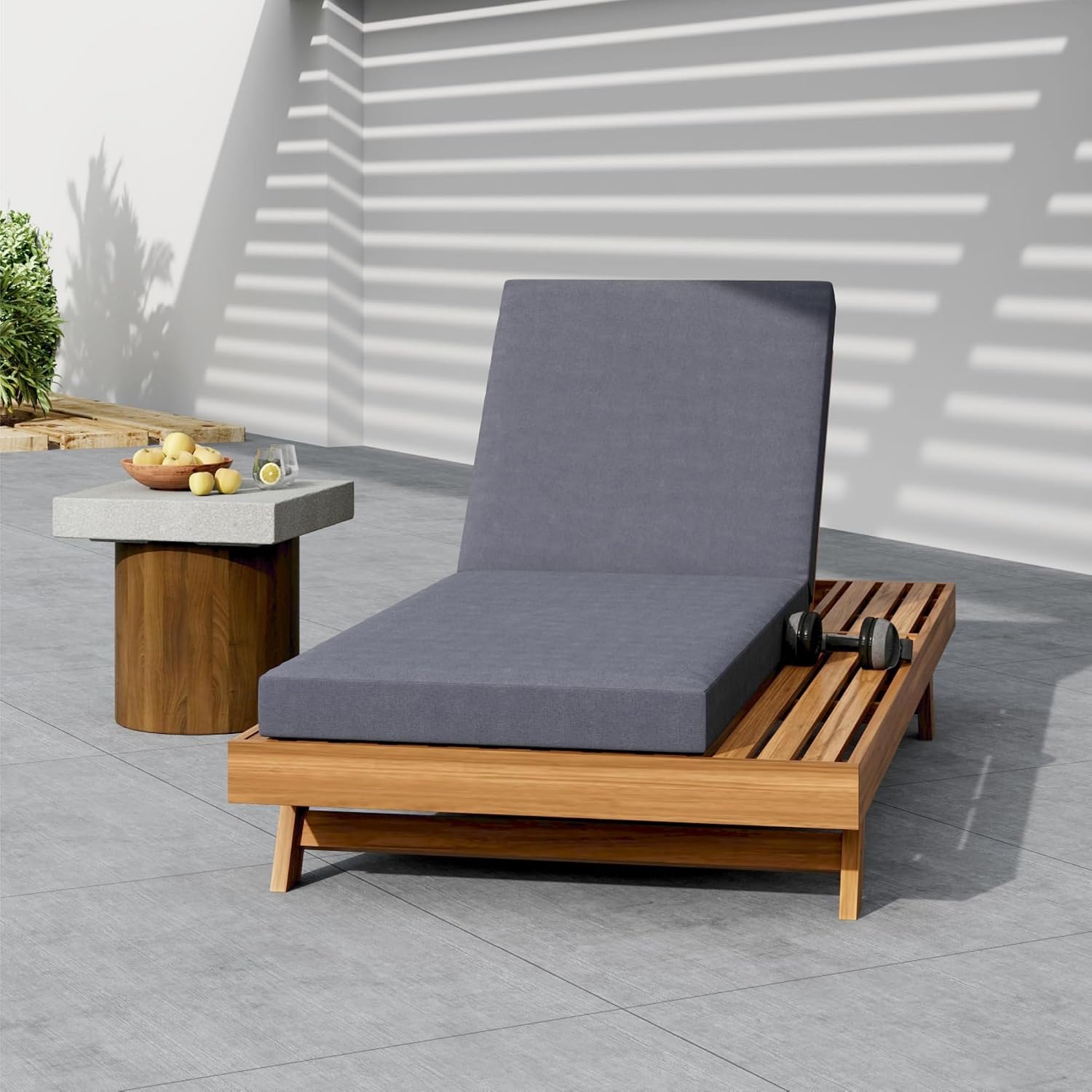 Outdoor Lounge Chair Set, Acacia Wood Tanning Bed with Water-Resistant Reclining Chair Cushions, Space Available on One Side for Poolside Balcony Backyard Patio Porch, Grey, 4" Thick, 2 Fold