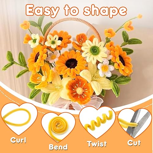 Miniatura 5 de URSDIART 311 piezas de limpiapipas amarillas para manualidades, kit de fabricación de flores de tallos de felpilla, alambre grueso y mullido con