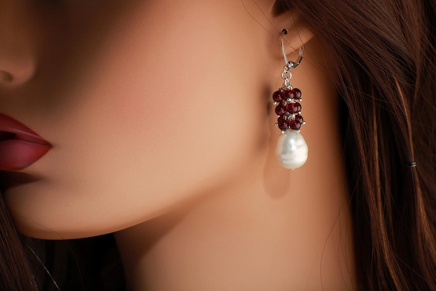 Genuine Garnet Cluster Wire Wrapped Dangling with South Seashell Baroque Pearl Silver, Gold Leverback Earwire, Bridal, Boho, Handmade Gift for Her