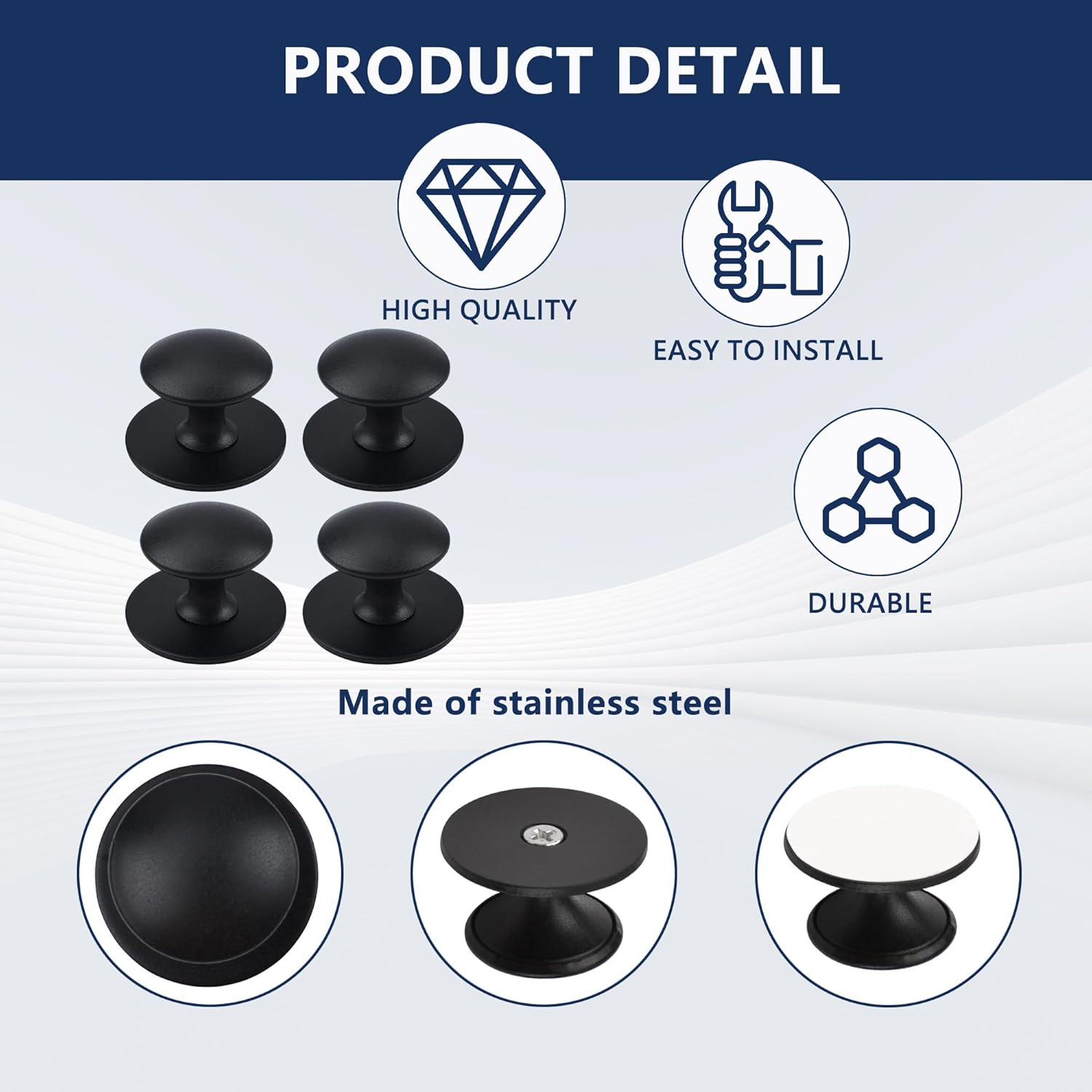 4PCS Self-Adhesive Cabinet Knobs, No Drill Stainless Steel Drawer Pulls Handle, Matte Black 1 Inch Round Knobs for Kitchen Cabinet, Drawer, Wardrobe, Sliding Door, Mirror, Glass & Furniture