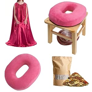 Steaming Seat Kit for Women Wooden Stool with Silk Gown Cushion Herbal Sitz Bath Blend Basin for Feminine