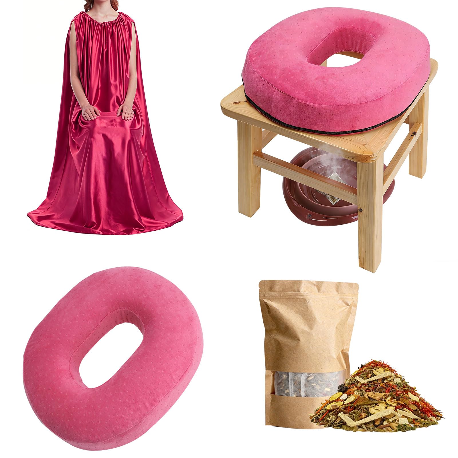 Steaming Seat Kit for Women Wooden Stool with Silk Gown Cushion Herbal Sitz Bath Blend Basin for Feminine