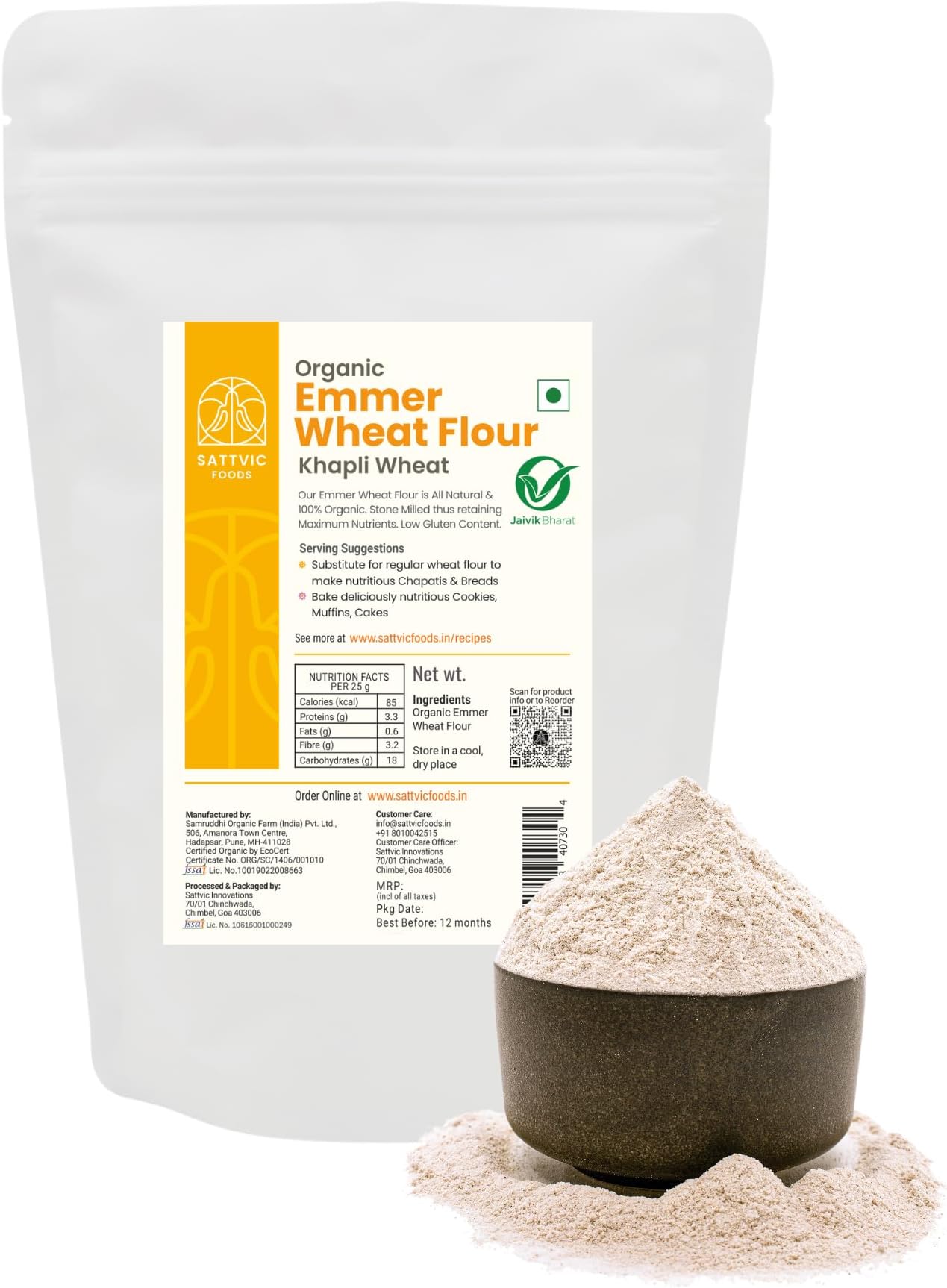 Sattvic Foods Emmer Wheat Flour/Khapli Atta (1.8 kg) | Certified Organic, Stone-Ground, Ancient Grain | Low Gluten, High Fibre & Protein, Easy to Digest | Ideal for Chapati, Baking & Cooking