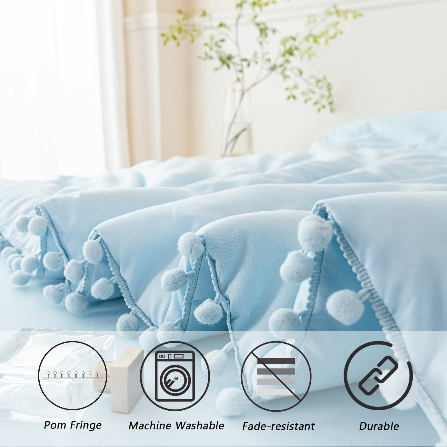 PERFEMET 3 Pieces Full Bed in A Bag Light Blue Pom Pom Bedding Set for Girls Boys Soft Fluffy Boho Solid Bedding Comforter Set with Sheets(Light Blue, Full)
