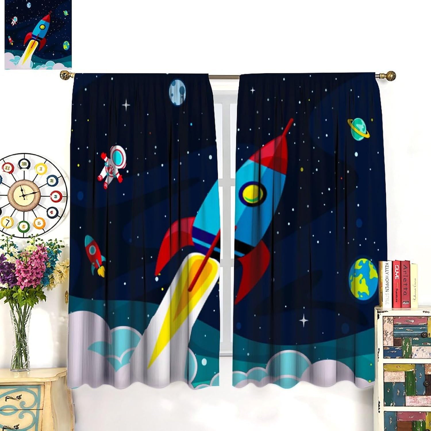 Astronaut Rocket Curtains for Nursery,Cartoon Funny Galaxy Outer Space Universe Earth Window Treatments for Kids Boys Baby Bedroom Living Room 42x44.5in（No Blackout） image 4