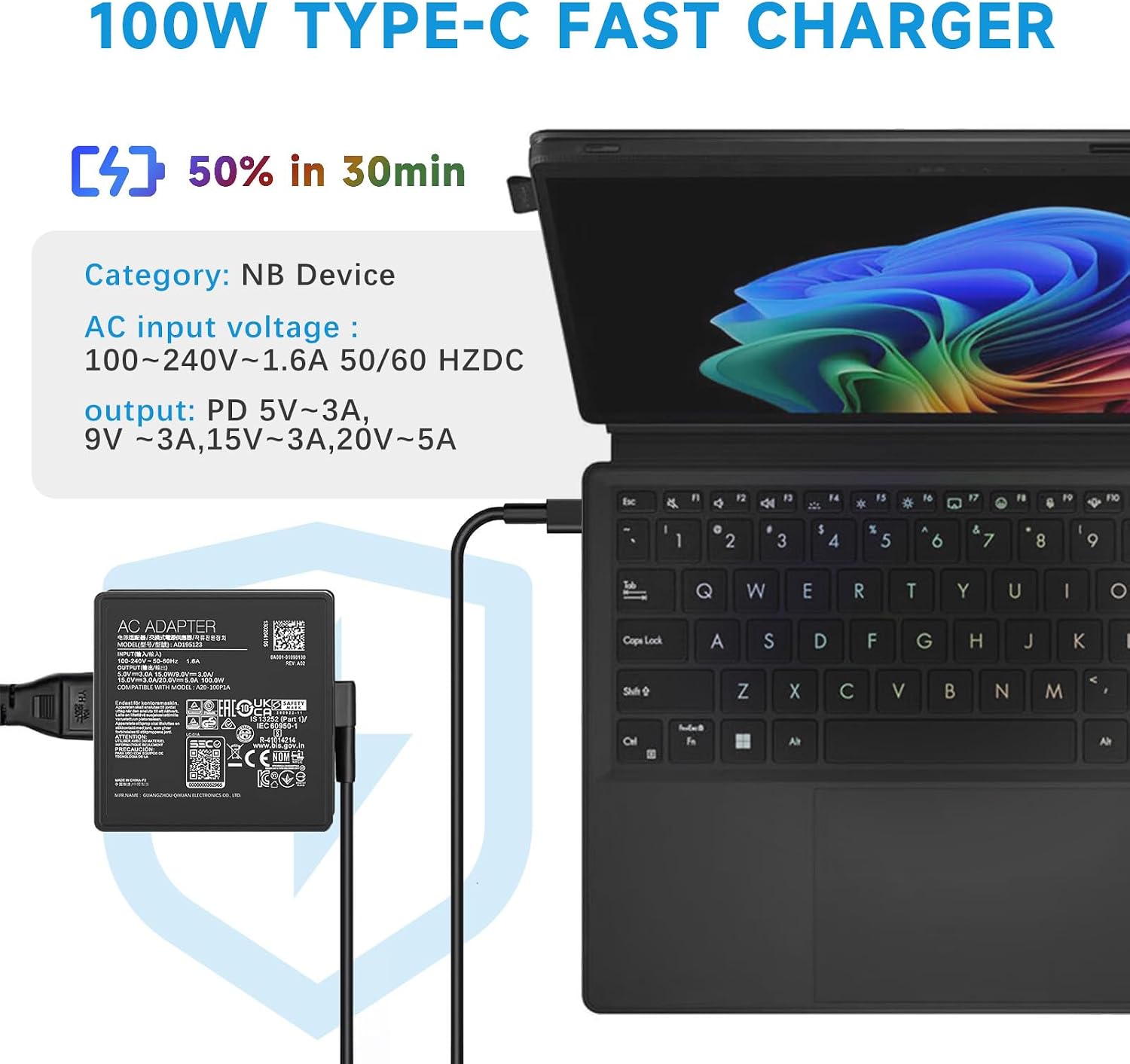100W USB-C AC Adapter Charger Compatible with ROG Flow X13 GV301 GV302, Flow Z13 GZ301, Flow X16 GV601, Zephyrus G14 G16, Zenbook Pro 14 Duo OLED, USB-C PD 3.0 Power Cord, Model A20-100P1A / AC100-00