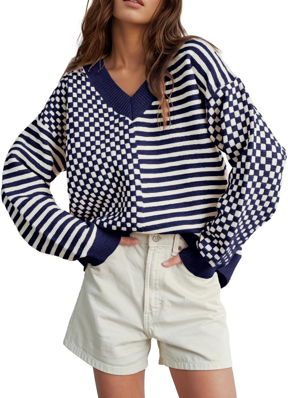 UNCLECAT Striped Checkered V Neck Sweater