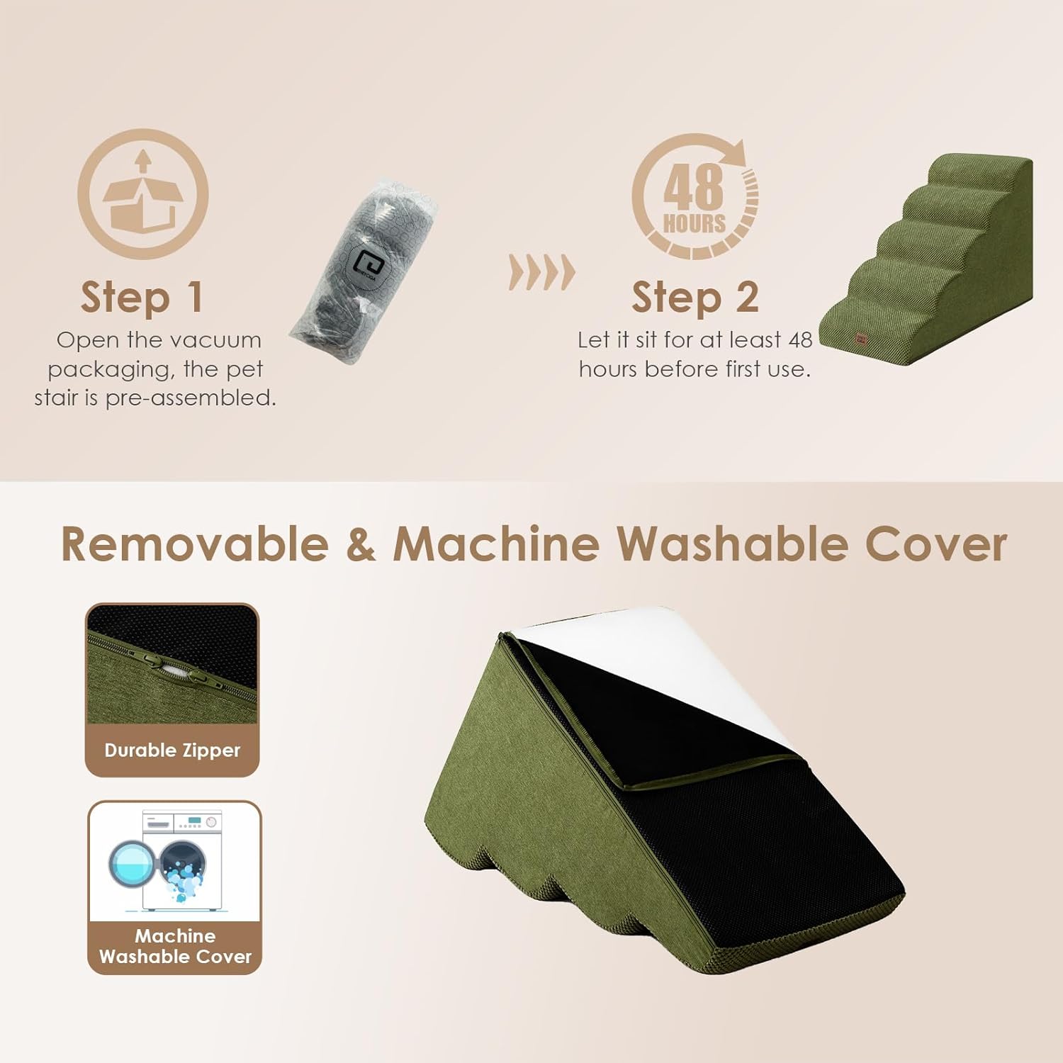 EHEYCIGA Curved Dog Stairs Ramp for High Beds 22.6" H, 5-Step Dog Steps for Small Dogs and Cats, Pet Stairs for High Bed Climbing, Non-Slip Balanced Pet Step Indoor, Olive Green