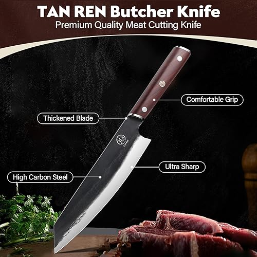 Vista 21 de TAN REN Cuchillo chino, cuchillo de carnicero de acero de alto carbono, cuchillo de carnicero de 7.5 pulgadas para cortar carne, cuchillo