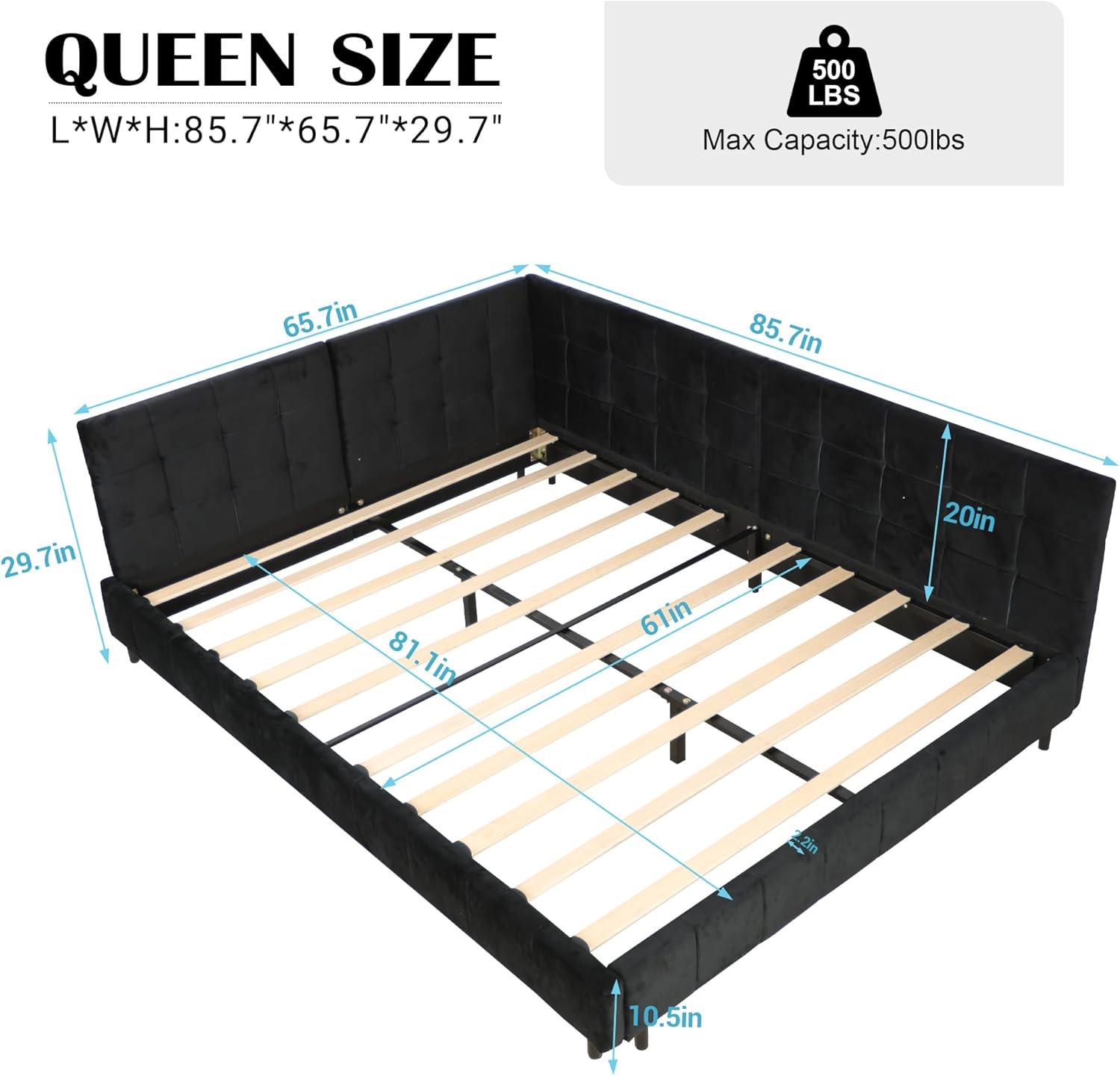 Queen Size Daybed L-Shaped, Modern Velvet Upholstered Sofa Day Bed Frame with Wood Slats for Living Room Bedroom Guest Room, No Box Spring Needed (Black, Queen)