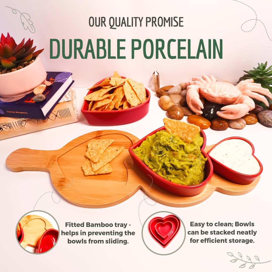 Snack Time Collection - Juego de 3 cuencos de porcelana duradera de diferentes tamaños con bandeja de bambú ajustable - Lujo moderno para aperitivos - Perfecto para salsas, frutos secos, caramelos,