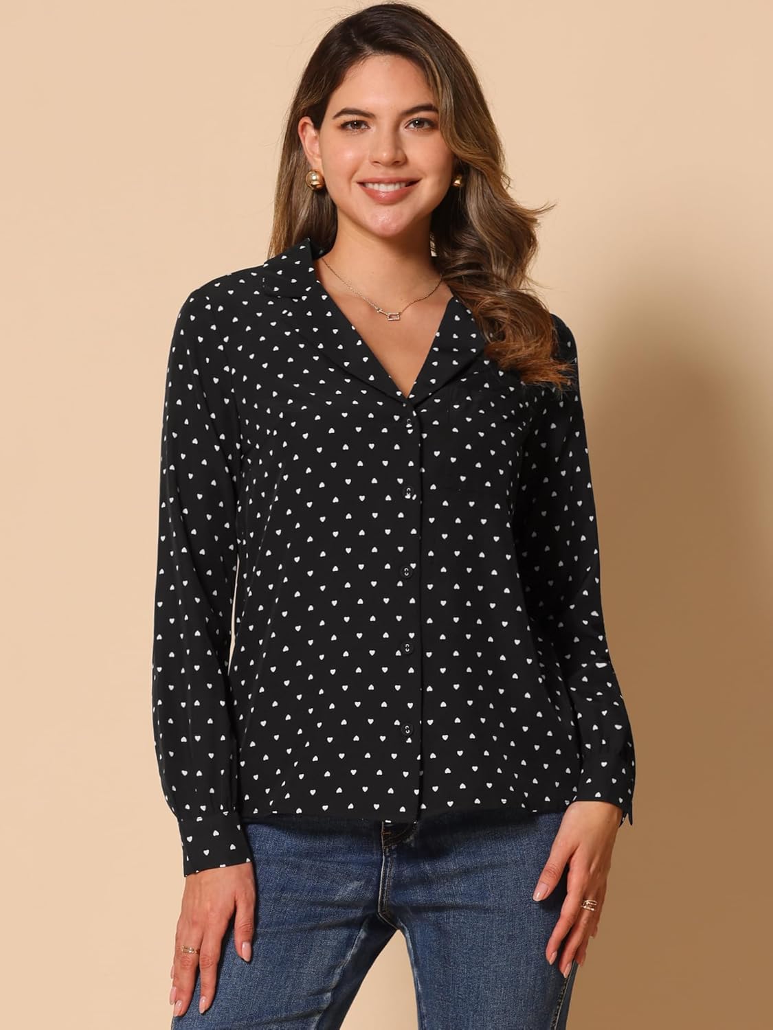 Allegra K Women's Valentine Top 1950s Vintage Long Sleeve Printed Button Down Tops - Image 3