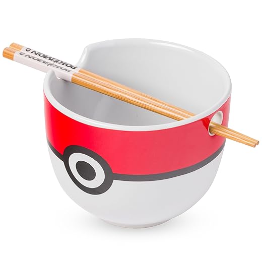 Silver Buffalo Pokemon Pokeball Ceramic Ramen Noodle Bowl with Chopsticks, Microwave Safe, 20 Ounces