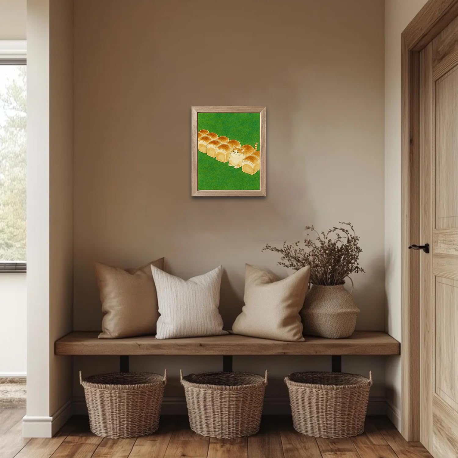 Framed Funny Cat Kitchen Wall Art Bread Cat Dining Room Canvas Print Cute Whimsical Animal Poster Quirky Kawaii Bakery Picture Wall Decor