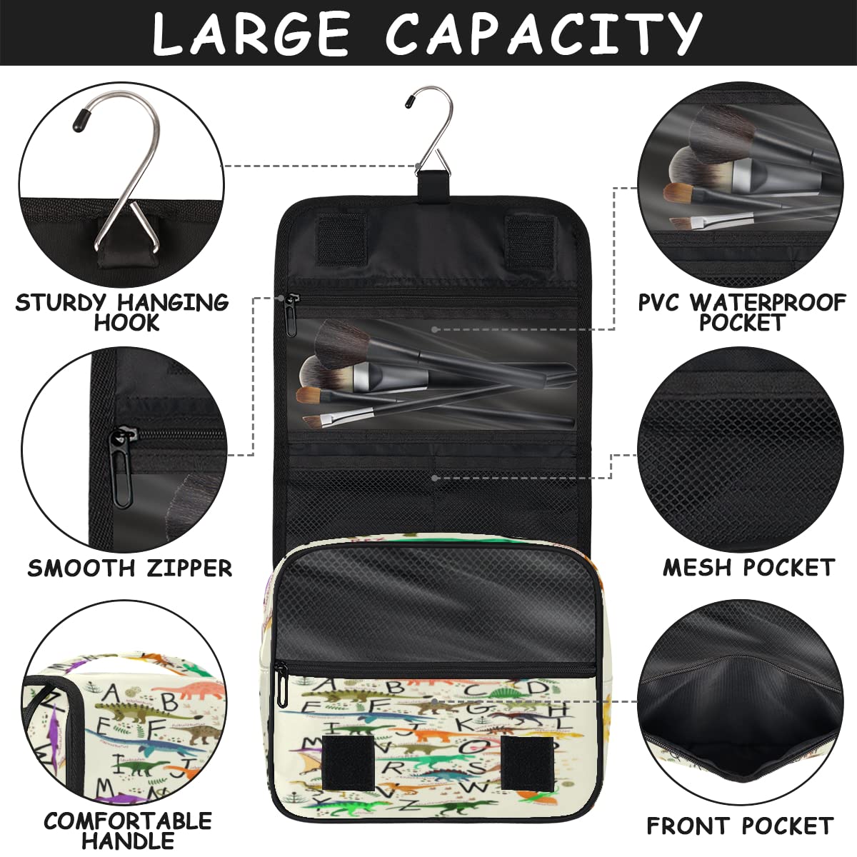Dinozaury Podróżna kosmetyczka Alfabety Dinozaury Mycie Torba Unisex Wiszące przybory toaletowe Kosmetyczka Organizer do makijażu, wielobarwny, Jeden rozmiar