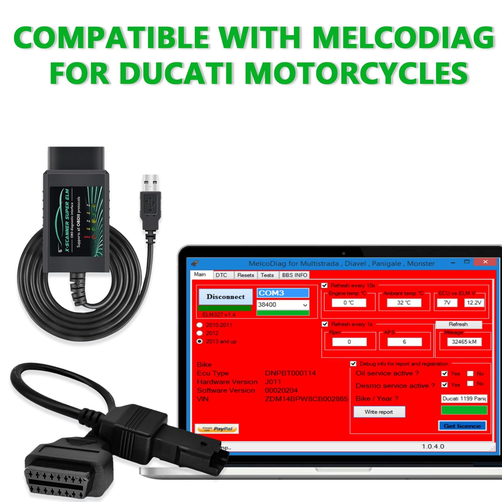 OBD2 adattatore ELM327 USB Scanner con Chip originale FT232RL 18F25K80 V1.4, idoneo per lo Scanner diagnostico OBDII per motocicli Ducati OBDII per Fiat Ford VW, lavora con Windows 7