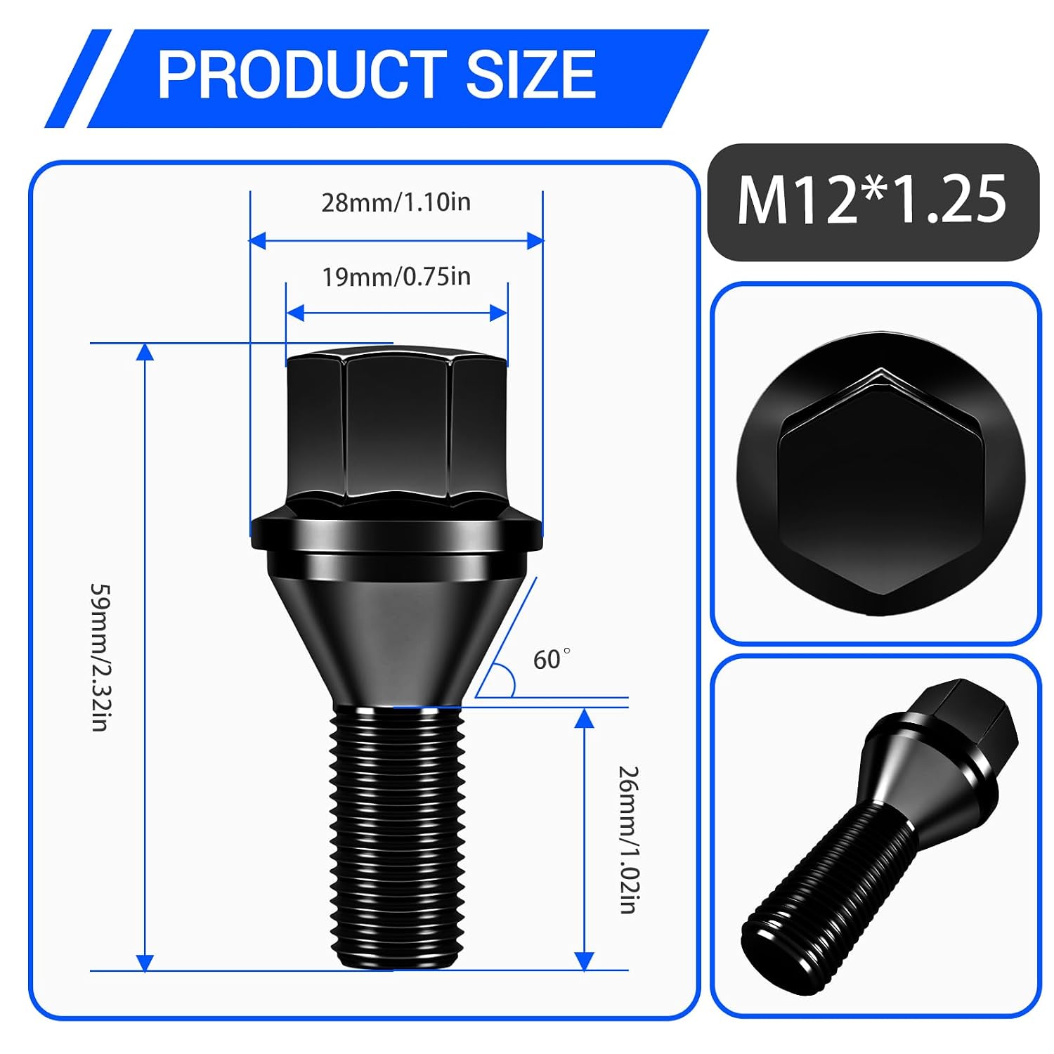 M12x1.25 Wheel Lug Bolts 20-Pack, 19mm Hex, 26mm Shank, Chrome-Plated, Compatible with Jeep Compass 2018-2024 Cherokee 2014 Chrysler 200 2015-2017 Dodge Dart 2013-2016 (Black)