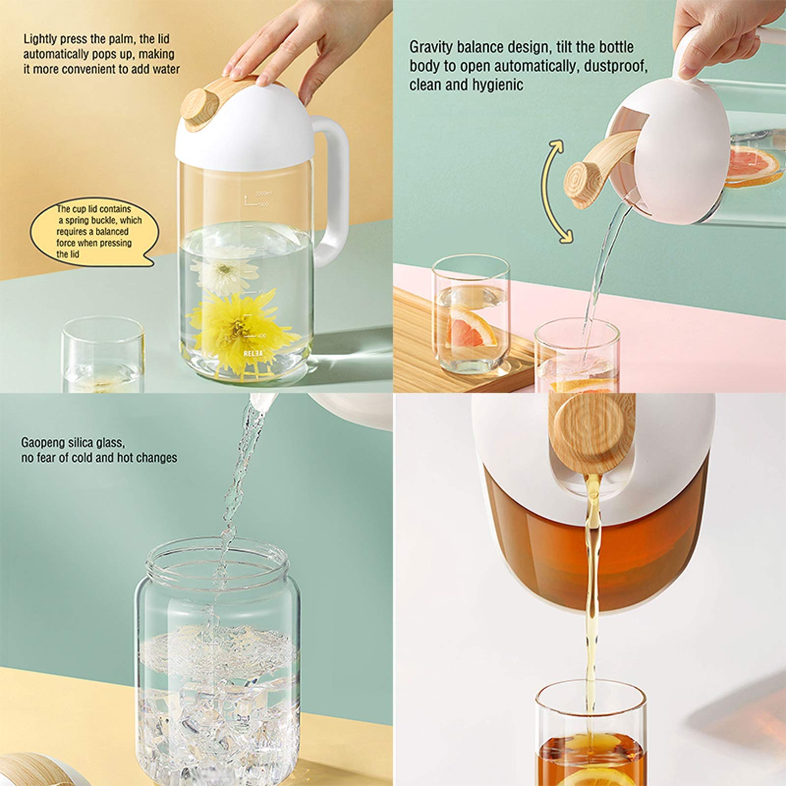 Pichet Le pichet de Verre de Grande capacité avec Couvercle Peut automatiquement Ouvrir et Fermer Le taitle à Froid en Verre avec Une échelle de précision (1,6L / 2L) Pichets (Size : 1.6L)