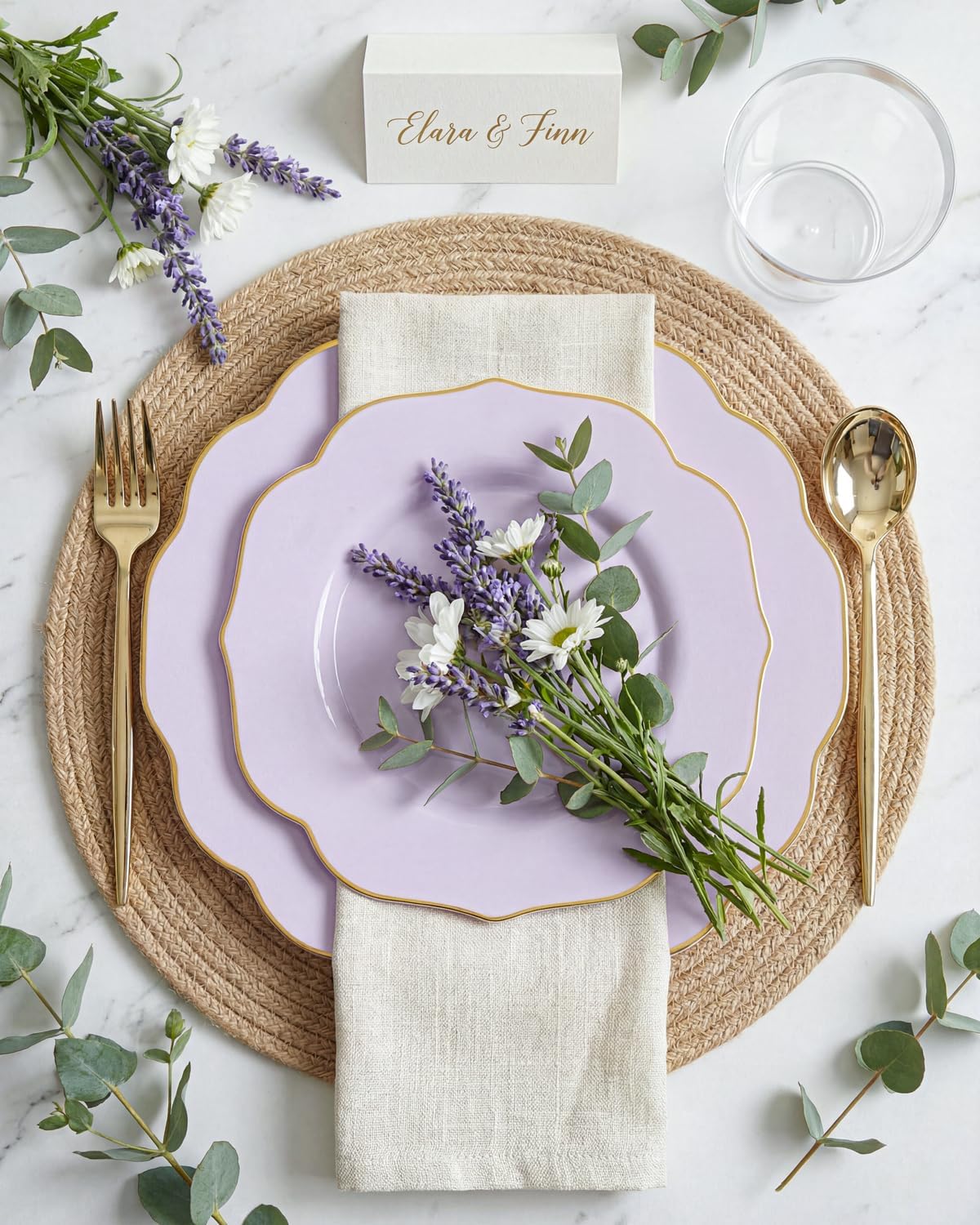 bUCLA 180PCS Purple Plastic Plates - Disposable Purple with Gold Rim, Include 30 Each (Dinner & Salad) Plates, 30 Knives, 30 Forks, 30 Spoons, 30Cups for Party, Easter & Birthday