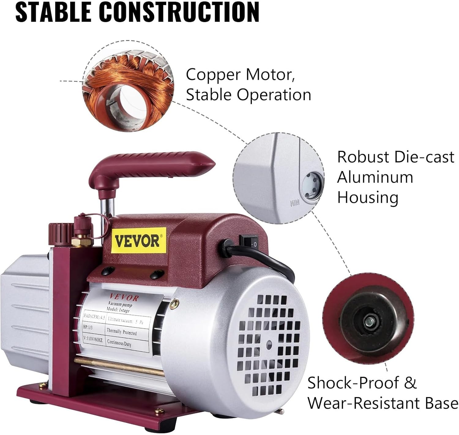 4.5CFM 1/3HP HVAC Refrigerant Vacuum Pump Refrigeration Single-Stage Set for Household Air Conditioning Vacuum Packing