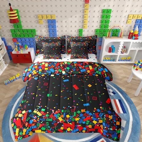 Erosebridal 3D Building Blocks Bedding Sets Construction 7 Piece Comforter Set Full Bed in a Bag,Colorful Sheet Set with Comforter Kids Boys Bricks Rainbow Gradient Room Decor for Teen Girls,Black