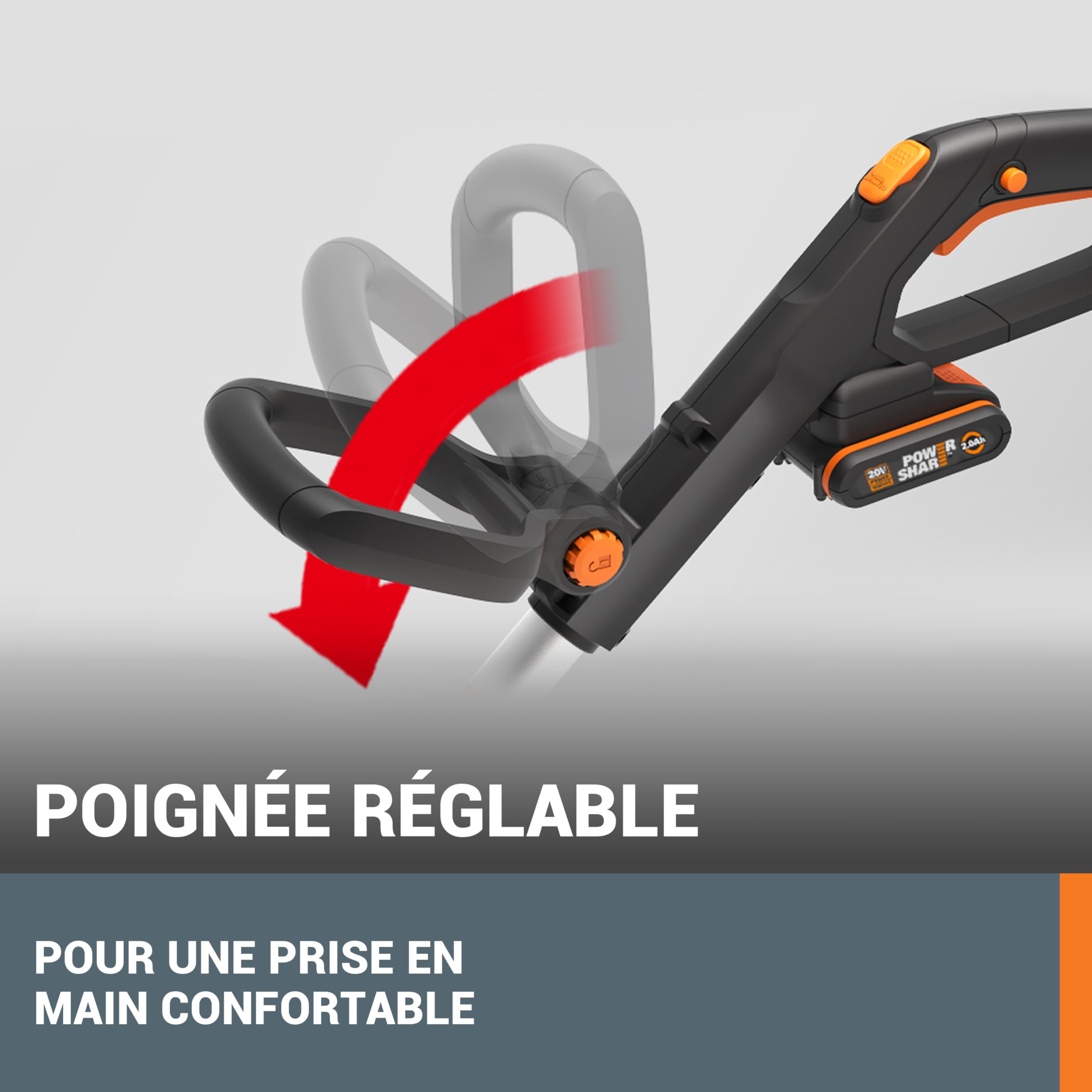 WORX Coupe-Bordures 2 en 1 sans Fil 20V WG163E.9, diamètre de 30 cm, se transforme en Dresse-Bordures, poignée Amovible, Capot de Protection, tête Amovible 90°, livré sans Batterie ni Chargeur