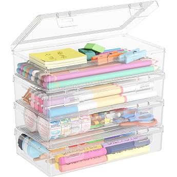 Lifewit Pen Box with Snap Tight Lid High-Quality Plastic Office Supplies Organiser Storage Box for Stationery Art Supply Cosmetics Tool Parts Craft Clear 1L Pack of 4