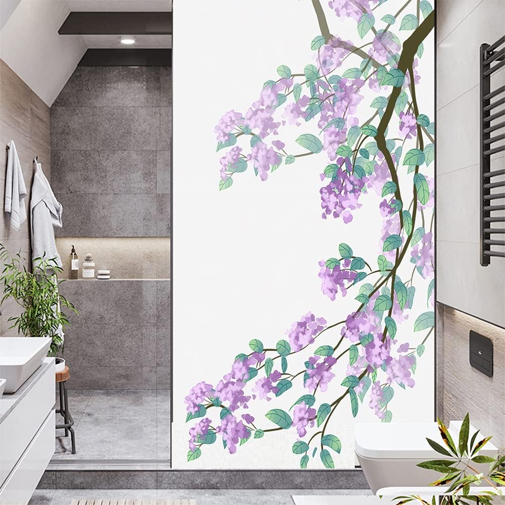 Window Film Privacy Purple Flower Sun Blocking Static Cling Window Coverings Decorative Glass Sticker for Home Bathroom/Heat Control W19.7 x H78.74(50x200cm)
