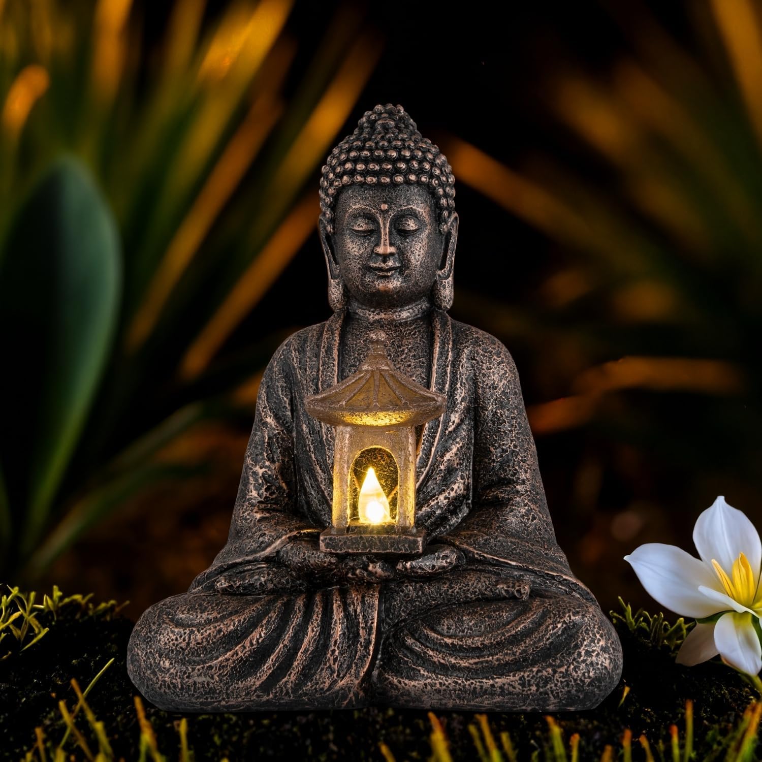 Buddha Garden Statue with Solar Light, Resin Zen Decor for Outdoor Patio or Indoor Meditation, Spiritual Gift for Women and Friends (Copper Pavilion) - Image 6