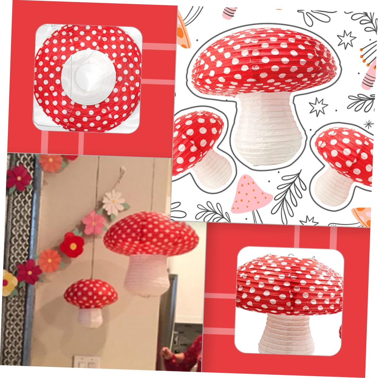 Lampade Cinesi a Forma di Fungo in Carta 4 Pezzi Rosse